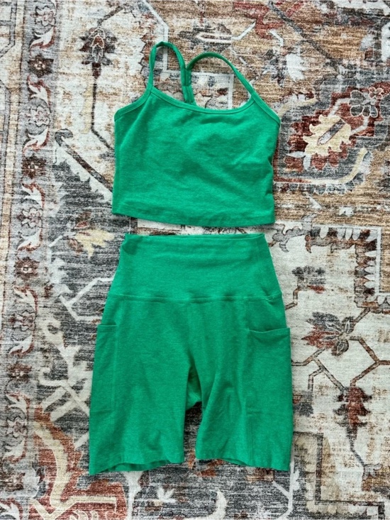 Beyond Yoga Pants - Beyond Yoga Spacedye™ Slim Racerback Cropped Tank + Biker Short Grass Green